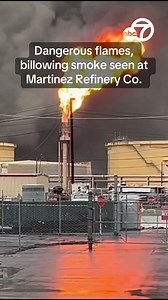 A Saturday fire at Martinez Refinery Company in Martinez, CA prompted shelter-in-place orders for residents in the area. Video captured by ABC7's Anser Hassan shows flames with huge black clouds of smoke in the sky. Latest here: https://abc7ne.ws/3CAN7ZE | ABC7 News