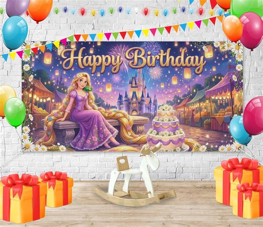 Rapunzel Birthday Banner, Tangled Disney Princess Backdrop, Fairytale Castle Birthday Decoration AYA404 - Etsy