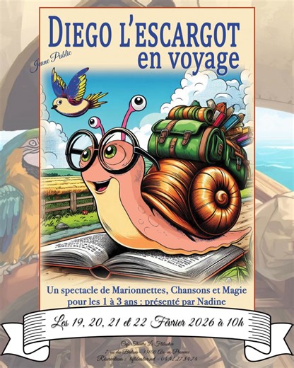 🤣🤣😍DIEGO L'ESCARGOT EN VOYAGE🤣🤣😍 Les 19, 20, 21 et 22 Février 2026 à 10h Spectacle Jeune Public de 0 à 3 ans Réservations : Café Théâtre Le Flibustier : https://www.leflibustier.net/spectacles/1-5-ans/diego-lescargot-en-voyage/ Billet Réduc : https://www.billetreduc.com/spectacle/diego-lescargot-en-voyage-388297 Compagnie : Les Crapules Avec : Nadine Il paraît que rien ne sert de courir… Mais Diego, l’escargot à lunettes, a quand même envie de découvrir le vaste monde sans perdre une secon