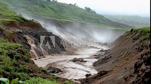 Heavy rainfall leads to river overflow, creating significant erosion in a hilly area during the monsoon season as water cascades down the slopes