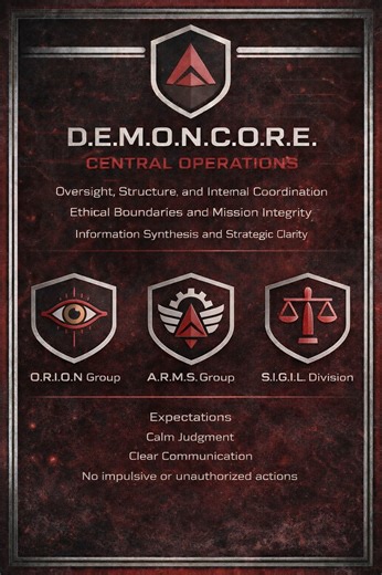 D.E.M.O.N. C.O.R.E. — Central Operations Role: Command, coordination, and integrity backbone of the organization. Purpose: Central Operations exists to ensure that all divisions operate within mission scope, ethical boundaries, and strategic alignment. It does not execute field actions directly; it governs how and why actions occur. Core Responsibilities: Organizational oversight and structural coherence Strategic planning and priority alignment Information synthesis across divisions Ethical enf