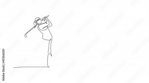 Animated self drawing of continuous line draw young happy golf player swing the golf club to hit the ball. Hobby sport concept. Full length one line animation for golf tournament promotion media.