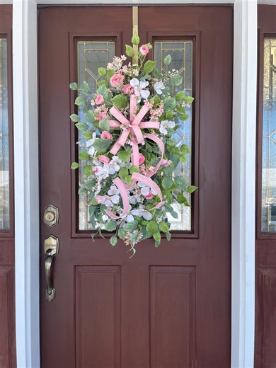 Pink and White Spring Swag for Front Door, Summer Rununculus and Dogwood Wreath, Luxury Swag With Designer Pink Ribbon, Romantic Decor - Etsy
