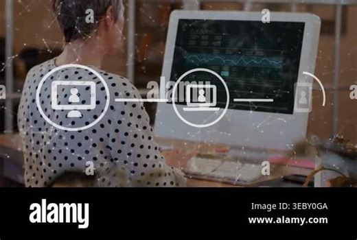 Animation of icons over caucasian women using computer. Global connections, data processing and digital interface concept digitally generated video Stock Video Footage - Alamy