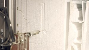 Metal machine making a design on styrofoam. Modern machine drawing a pattern on white polystyrene close up. Production of foam plastic detail. Cutting styrofoam element with special equipment.