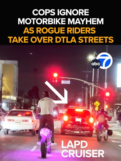 No license plates, no stopping for red lights, no problem. A group of young men on offroad motorbikes and ATVs takes over downtown L.A. streets as cops watch helplessly. The rogue riders running red lights, weaving in and out of traffic as they pop wheelies right in front of LAPD cruisers. It's becoming a frequent sight on local roads, so why don't officers do anything? Eyewitness News with one explanation for the police inaction. This morning at 6 from ABC7.