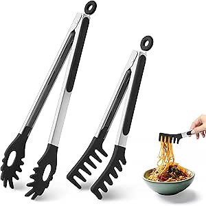 2 PCS Pasta Tong Spaghetti Tongs, 9-Inch & 12-Inch Heat Resistant Silicone Pasta Tongs Spaghetti Server With Teeth Silicone Tong for Serving Food, Cooking, Salad, Spaghetti Noodle, Non-stick (Black)
