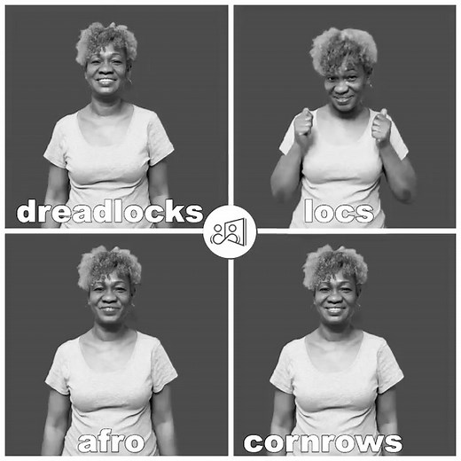 Thanks to @aslconnect For the awesome video! In honor of #BlackHistoryMonth, black hair was and still is seen as a symbol of a person's identity. June signs four different hairstyles: #dreadlocks #locs #afro #cornrows Visual description: June, a Black Deaf woman with yellow curls wearing a gray shirt, stands in front of a blue background. White borders with ASL Connect logo in center. #BlackHistoryMonth #BlackHair #NaturalHair #Hair #NaturalHairstyles #BlackHairstyles #Symbol #Dreadlocks #Locs #