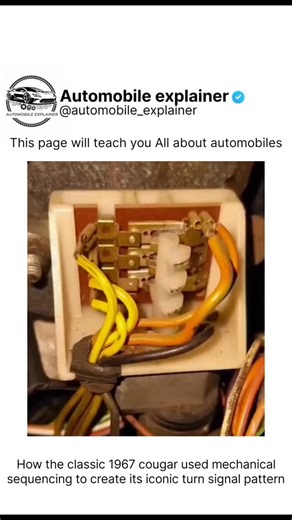 @automobile_explainer on Instagram: "The "Clockwork" Behind the Classic ​Ever wondered how those iconic sequential turn signals on the 1967 Mercury Cougar actually worked? 💡 Before the era of computer chips and digital relays, Ford used this fascinating mechanical sequencer. A small electric motor spins a plastic cam gear, physically clicking metal contact switches in a specific order to create that signature "chasing" light effect. It’s essentially a music box for your taillights! 🎶 This anal