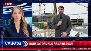 Split Screen TV News Live Report: Anchorwoman Talks. Reporter Doing Segment with Microphone Real-Estate Buildings Development Segment. Television Program Channel Playback. Luma Matte