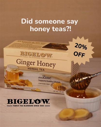 Prepare now for the fall season with 20% off soothing and functional Bigelow Ginger Honey Plus Zinc Herbal Tea! 🍯 Limited time only. | Bigelow Tea