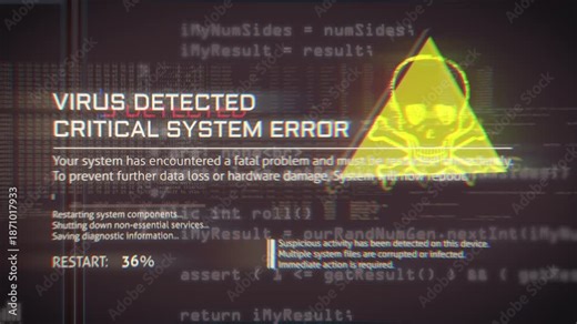 Futuristic computer interface displaying virus detected alert with critical system error text and skull graphic, visualizing cyber attacks, malware infections and digital security risks