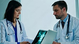 Hospital Doctors Reviewing X-ray and Writing Prescription for Patient Treatment