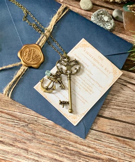 Lighthouse Key Necklace – Brass, Anchor, Sea Glass Charm – Fantasy Nautical Jewelry - Etsy