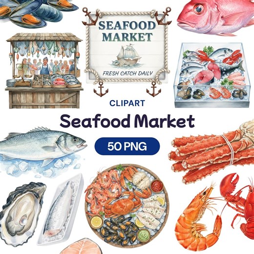 Seafood Market Clipart, 50 Watercolor Fish PNG, Crab Lobster Shrimp, Oyster, Ocean Food, Restaurant Menu, Fresh Catch, Cooking Salmon, Sushi - Etsy
