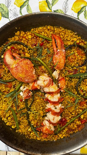 Amine Laabi on Instagram: "🦞 Lobster Paella Ingredients (serves 2–3) For the paella: • 1 lobster (whole, about 500–600 g) • 3 garlic scapes (cut into 5 cm pieces) • 1 corn on the cob (kernels removed, cob reserved for stock) • 1 garlic clove, thinly sliced • 1 fresh chili, sliced • 1 tbsp Spanish paprika • Salt, to taste • 10 cherry tomatoes, halved • 1 cup bomba rice • Olive oil • Fresh tarragon, finely chopped • Zest of 1 lemon For the stock: • Lobster shells (from claws & body) • Corn cob, c