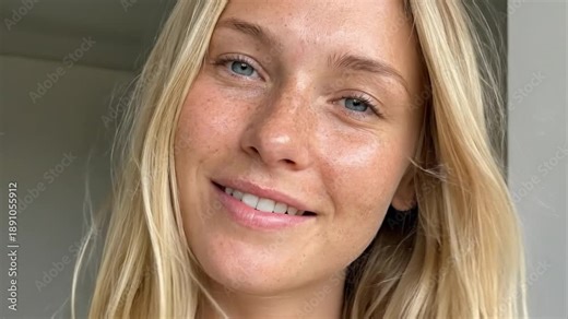 A beautiful blonde woman with striking blue eyes and natural freckles smiles genuinely at the camera in a close-up shot. Her authentic expression conveys happiness, confidence, and warmth, creating a