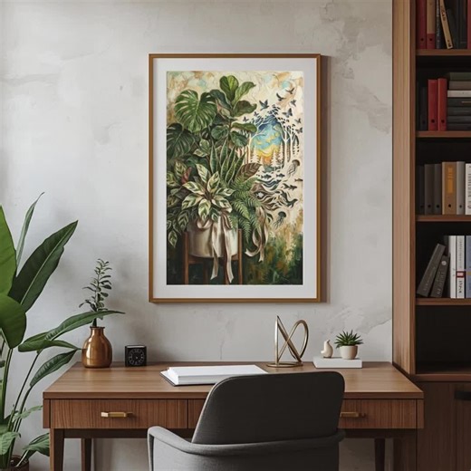 Archival Art Print in Giclée With Textured Paint of Monstera, Fiddle Leaf Fig and Snake Plant and Papercut Silhouettes, Extra Large Poster. - Etsy