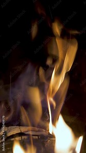 Bright flame burning in brick fireplace. Wooden logs in fireplace in cozy lodge. Close up. Vertical video.