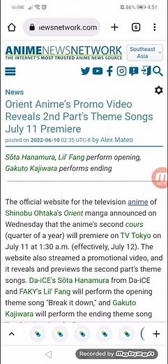 Orient Anime's Promo Video Reveals 2nd Part's Theme Songs 07/11 Premiere