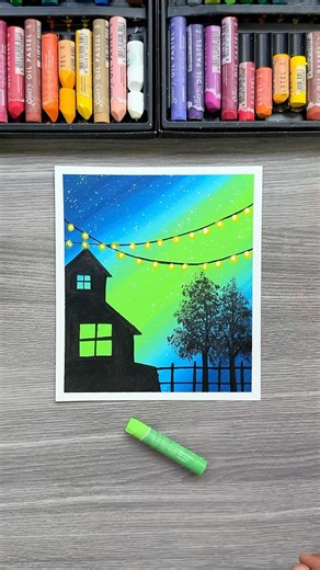 😍✨ Easy Night Scenery Drawing with Oil Pastels | Village House Painting Step by Step