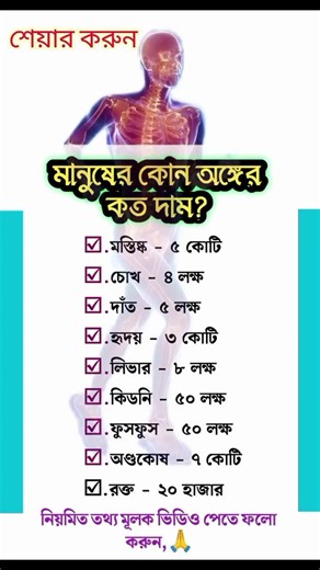মানুষের কোন অঙ্গের দাম কত l #knowledge #humanbody #gk #generalknowledge