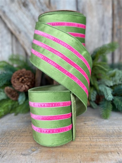 4” Pink & Green Velvet Ribbon, Luxury Wired Ribbon, Wreath Bow Supply, 10 Yard Roll - Etsy