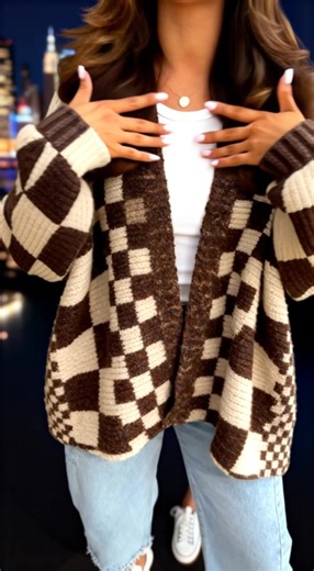 Women's Plaid Knit Cardigan, Lantern Sleeve Loose-Fitting Sweater, Casual Fall & Winter Fashion, Unique Design, New Arrival #TikTokShopBlackFriday #TikTokShopCyberMonday #spotlightfinds #ootd/ #clothing