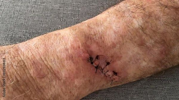 Mature man arm with sutures after Mohs surgery for skin cancer removal