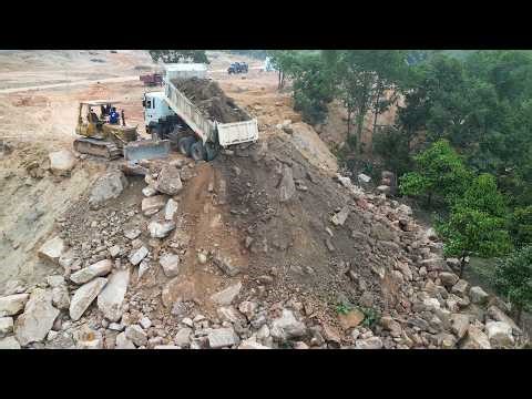 Largest Project! Skills 15T Trucks Unloading Stone on Mountain & Dozer D37E, LiuGong Dozer Leveling