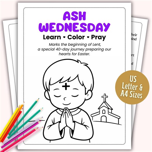 Ash Wednesday Learn Color Pray Printable | Catholic Lent Activity for Kids | Christian Coloring Pages - Etsy