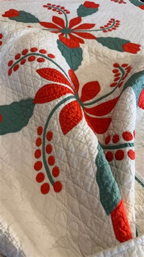 ok all,,, where are the holiday quilt lovers and anyone that will enjoy a great red and green festive holiday quilt and one to enjoy year round too!!! Is it too early ???? I don’t think so ❤️💚❤️💚🎄🎄🎄🎄🎄🎁🎁🎁 These are 2 lovely quilts with a theme of happy and festive,, one a circa 1900 and the other a circa 1930’s quilt of applique . The Coxcomb and Currants with the berries is so well made and has fine hand quilting. 73x76 inches, Circa 1930’s $795.00 I can see this quilt as a fantastic g