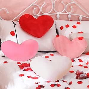 Suzile 4 Pcs Valentine's Day Heart Throw Pillows Red White Pink Heart Shape Plush Love Pillow Soft Decorative Back Cushion Valentine Decorative Pillows for Women Bed Sofa Chair Home Decor Wedding Gift