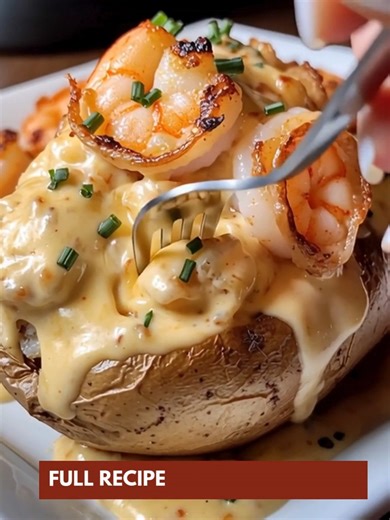 Shrimp Stuffed Baked Potatoes 🥔🍤 Creamy, cheesy goodness — the ultimate comfort food dinner. 📝 Ingredients : 2 large russet potatoes (fluffy baked potato base) 12–16 large shrimp, peeled & deveined (juicy seafood upgrade) 2 tbsp butter (rich flavor foundation) 2 cloves garlic, minced (bold garlic butter kick) ½ cup heavy cream (ultra creamy filling) ½ cup shredded mozzarella (melty cheesy topping) ¼ cup grated Parmesan (golden cheesy crust) ½ tsp paprika (smoky flavor boost) ½ tsp Old Bay sea