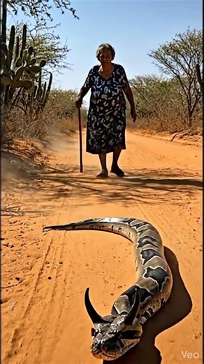 An old woman walking alone on a dusty desert road… and suddenly a giant python appears ahead! 🐍🌵