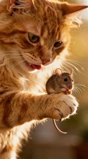 Cat smiling while mouse eats on its paw. photo style