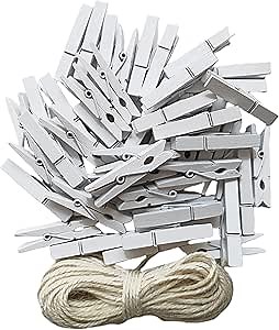 1.9 Inch White Small Clothes Pins Paper Picture School Work Holders Baby Shower Clothing Line Clips with Twine Pack 50