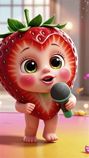 Sweet strawberry baby singing with a microphone, cute 3D cartoon style, happy animation