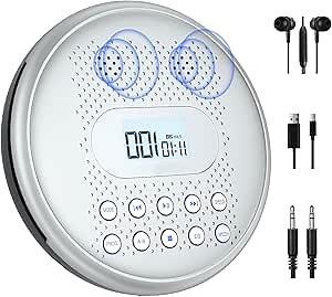 ARAFUNA CD Player Portable, Rechargeable Portable CD Players for Car with Speakers, Anti-Skip Small CD Player with Backlit Button, LCD Display and AUX Cable