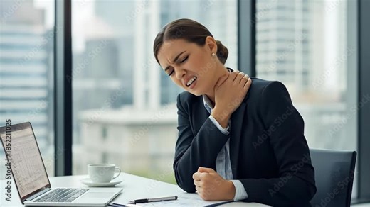Woman having shoulder, neck pain from working on laptop in office during the day, showing discomfort for health and ergonomics