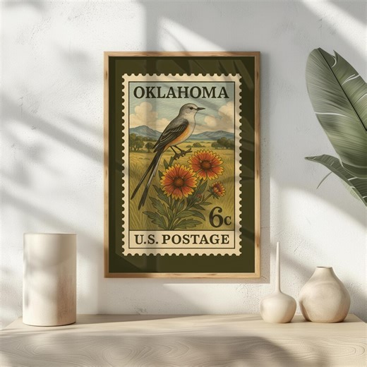 Oklahoma Postage Stamp Poster | Scissortail Flycatcher & Indian Blanket Flower Decor | Retro State Postage | 8x10 11x14 12x16 12x18 16x20 - Etsy