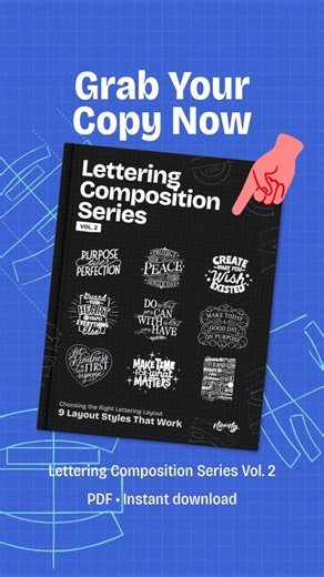 Nico Ng | Lettering & Design on Instagram: "Don’t know how to start your lettering layout? You have a quote in mind. You’re ready to draw. But you’re stuck deciding how to arrange the words, what layout shape to use, or how everything should fit together. That’s where Lettering Composition Series Vol. 2 comes in. Inside, you’ll learn 9 lettering layout styles, where I walk you through how to plan and sketch each one step by step — from choosing layout guides, to arranging your words, to pairing