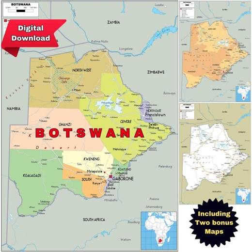 Map Set of Botswana: Political, Topographic & Road (printable) - Etsy New Zealand