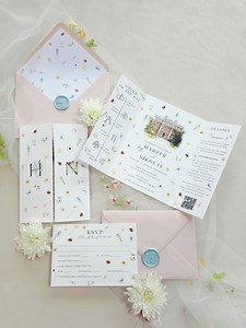 Scattered Flower Gatefold Wedding Invitation With Custom Watercolour Illustration, Spring Pastel Watercolors - Etsy