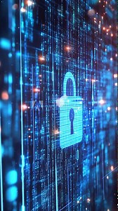 Futuristic Digital Security Lock on a Virtual Data Grid Background. Seamless looping motion design. Video animation. Blue digital representation of a secure lock embedded in a network of glowing data