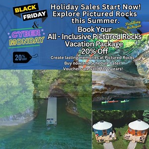 392 reactions · 58 shares | Holiday Sales Start Now! Get 20% off a Pictured Rocks All Inclusive Adventure Package! Book today and schedule your dream summer getaway later! Kayak and cruise along Lake Superior's most stunning shore line. Unwind on the beach in a private Yurt or Safari Tent. The biggest sale of the year, give the gift of adventure this holiday season. | Paddling Michigan | Facebook