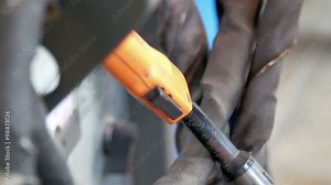 The welding machine used for industrial machinery. Welding machines are usually classified as constant current (CC) or constant voltage (CV); a constant current machine varies its output voltage Stock Video