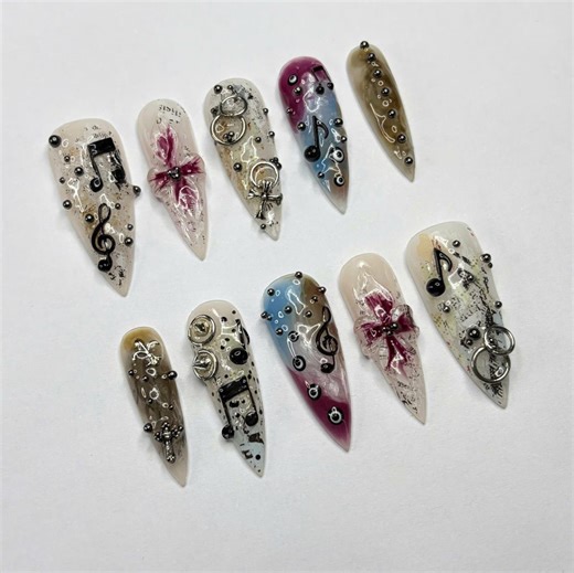 Music Note Press on Nails, Vintage Opera Gothic Bow Sculpted, Artistic Luxury False Nails - Etsy