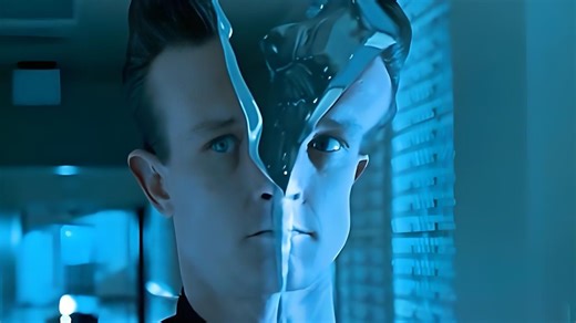 T - 1000 的液态金属设定（手变利刃、拟态伪装）带来极致压迫感，成为科幻反派标杆。