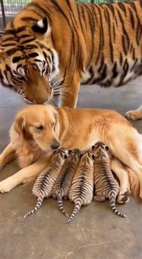 Golden Dog Nurses Tiger Hybrid Babies… Then This Happens 😱🐶🐯